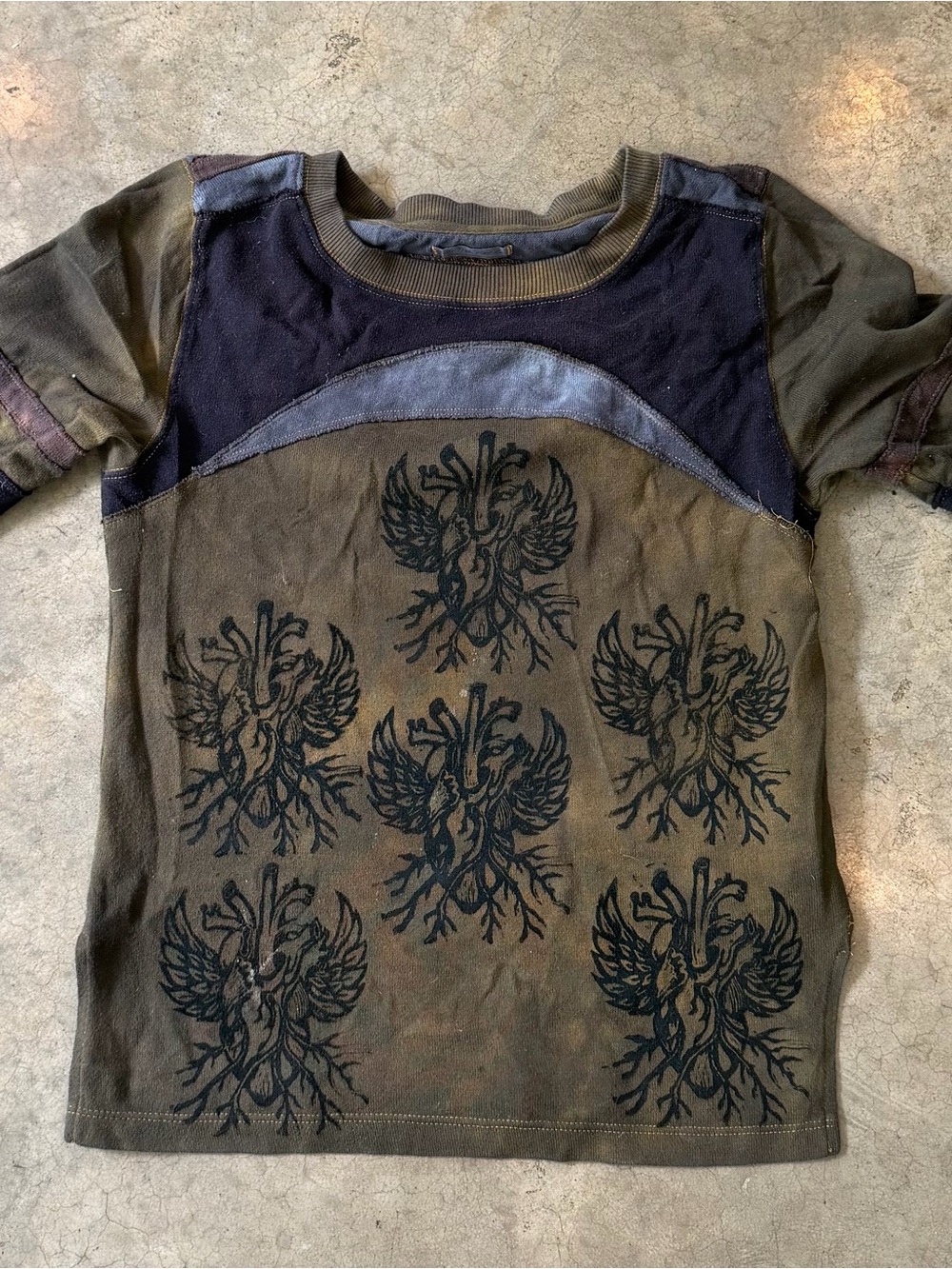 Hand-dyed and stamped Free People Olive Green Patchwork top.